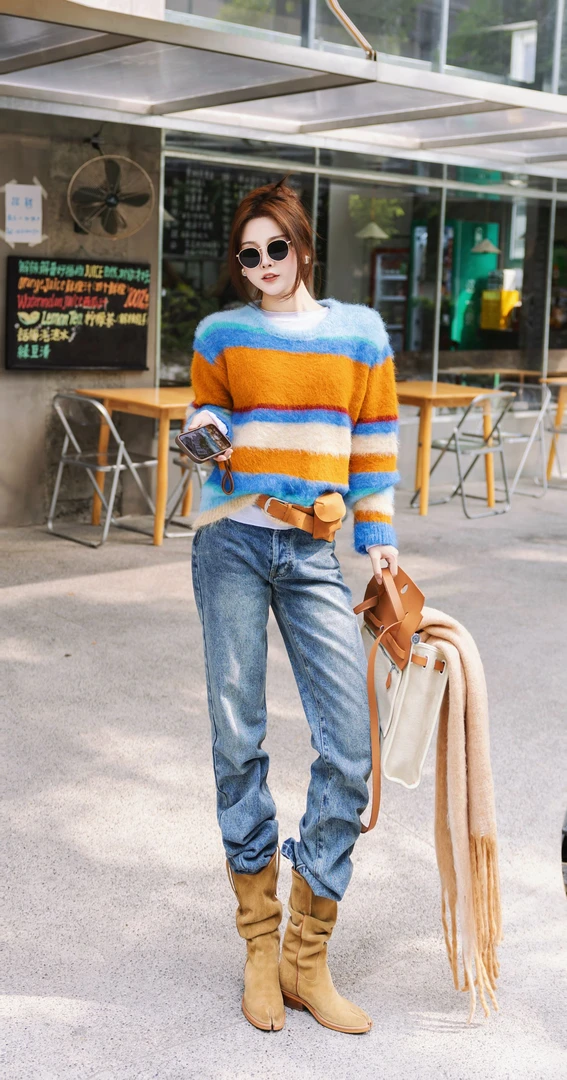 SISTER姐妹家秋日多巴胺多彩条纹撞色宽松显瘦气质减龄毛针织衫