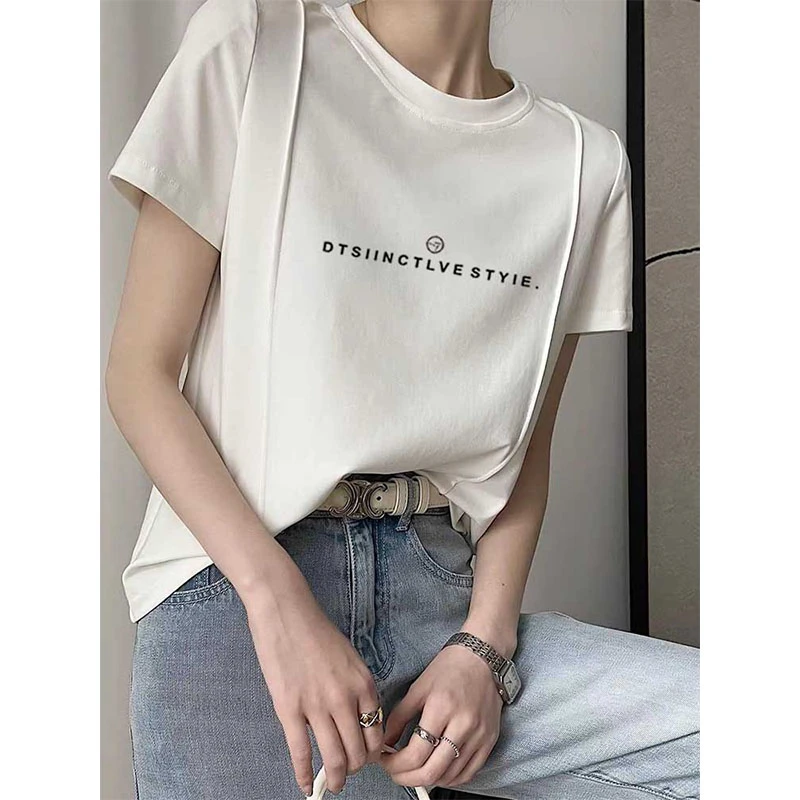 2025新款正肩拉直条磨毛短袖t恤女白色时尚百搭上衣打底衫春夏季