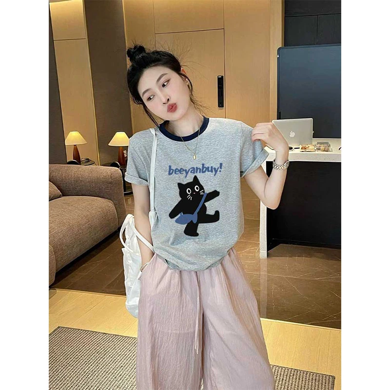 正肩圆领短袖t恤女时尚百搭减龄洋气拼色上衣显瘦打底衫2025夏季