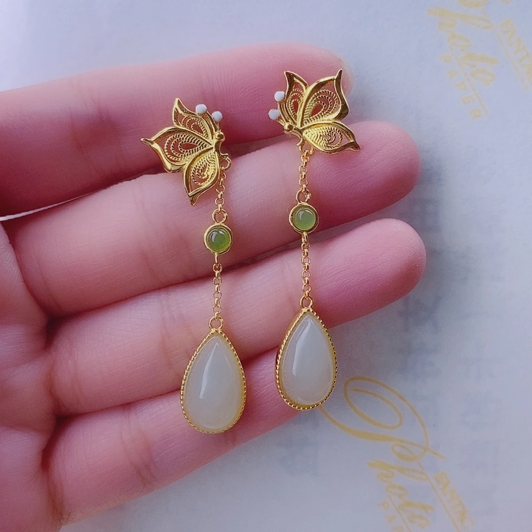 和田玉耳饰银S925镀金镶嵌