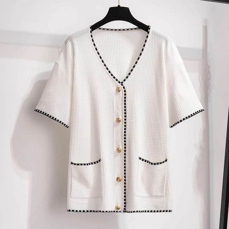 短袖女款爆款2025新款大码女装夏装200斤小香风冰丝针织上衣开衫