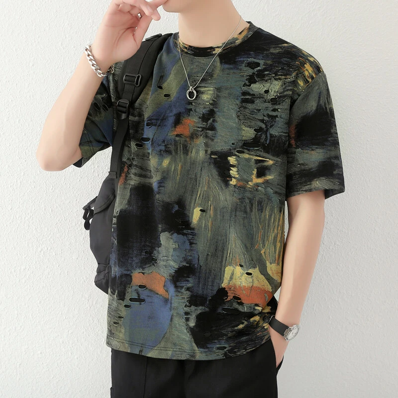 夏季潮流男短袖薄款T恤男士时尚百搭圆领帅气上衣男港风做旧