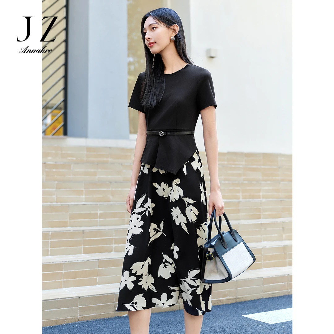 玖姿安娜蔻KWFX50086气质植物印花假两件拼接收腰连衣裙女2025夏