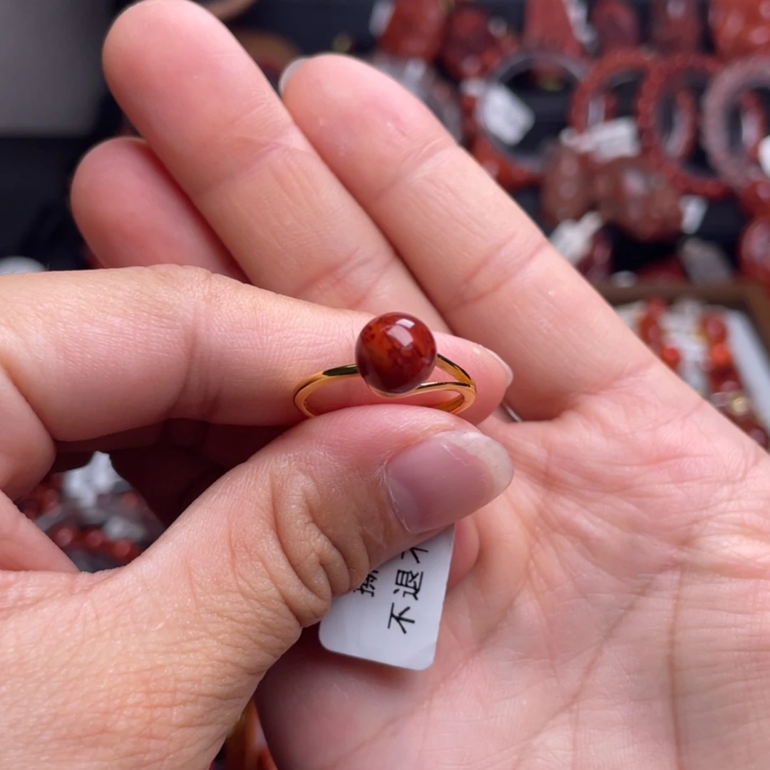 【闪购商品】银S925镶嵌圆珠戒指南红玛瑙