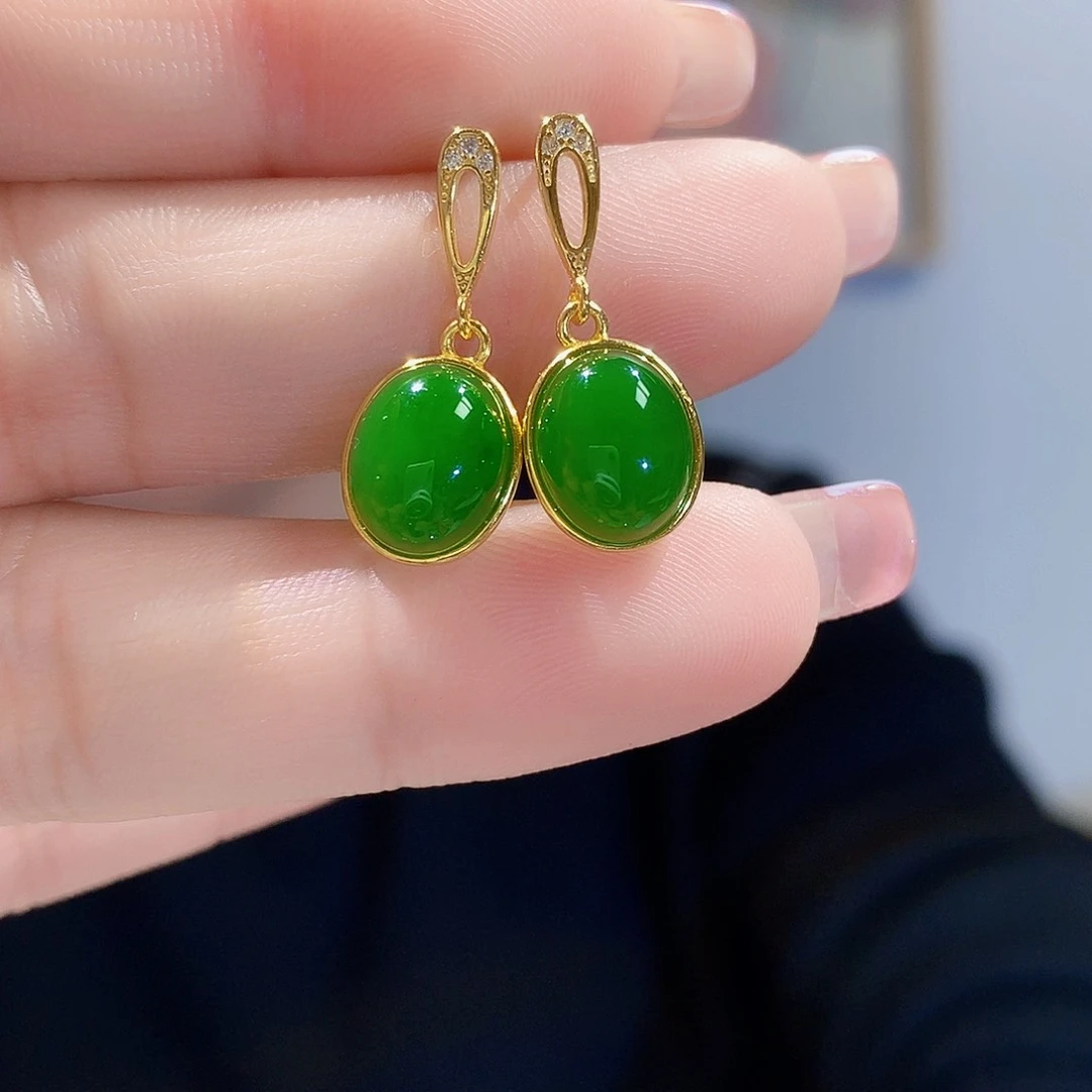 和田玉（碧玉）耳饰银S925镀金镶嵌
