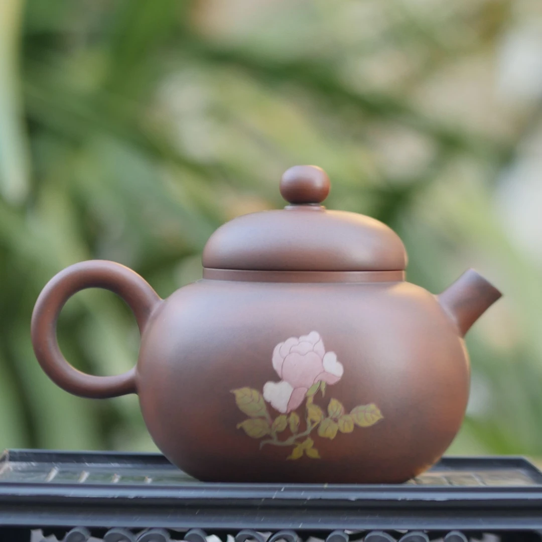 《云小陶》建水红泥紫陶徐彩全手工古铜两道刻填160cc