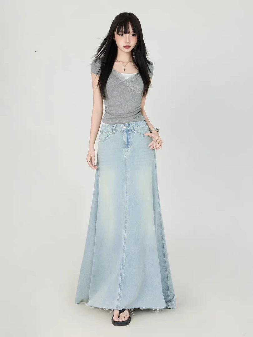 2025夏季薄款高腰显瘦牛仔半身裙女宽松遮胯休闲时尚中长裙