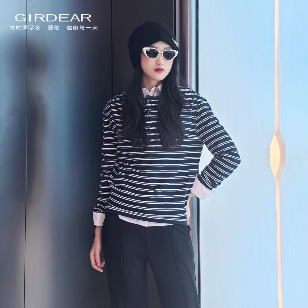 哥弟/GIRDEAR 新款百搭慵懒风条纹亨利领显瘦长袖套头T恤女130112