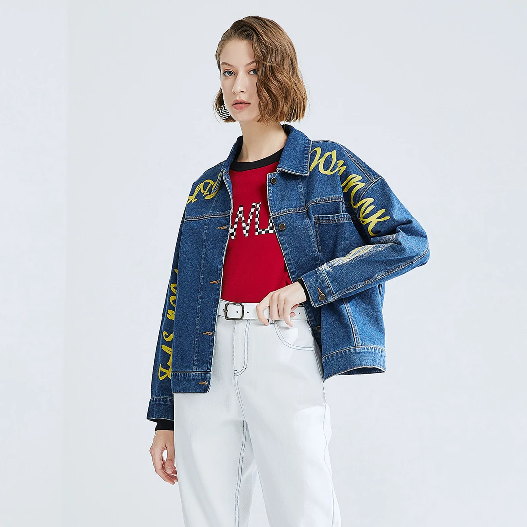 【小余专属】潮流撞色印花外套女工装风翻领短款牛仔上衣431322-952