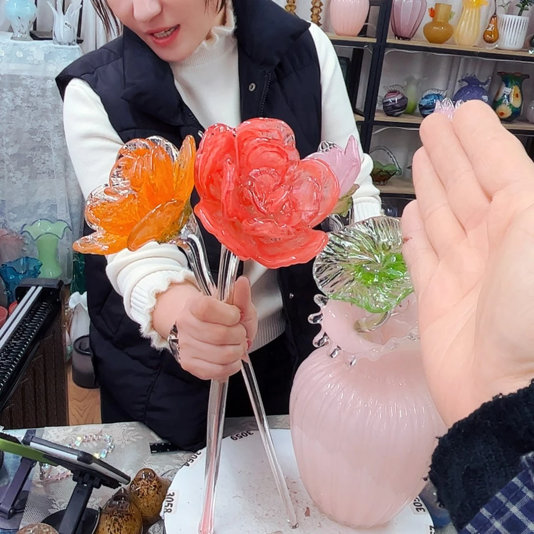 2朵牡丹瑕福利家悦琉璃工艺品