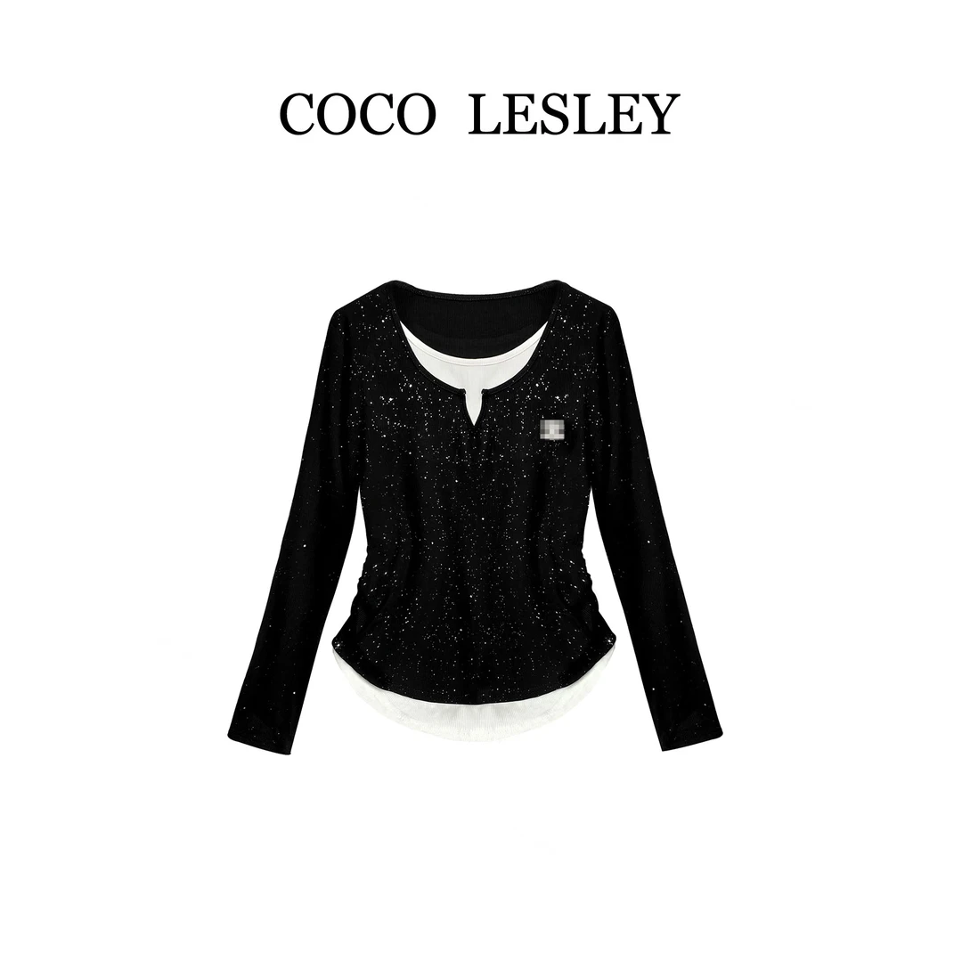 【COCO LESLEY】68319#假两件烫钻收腰T恤2025秋冬显瘦潮流个性上衣
