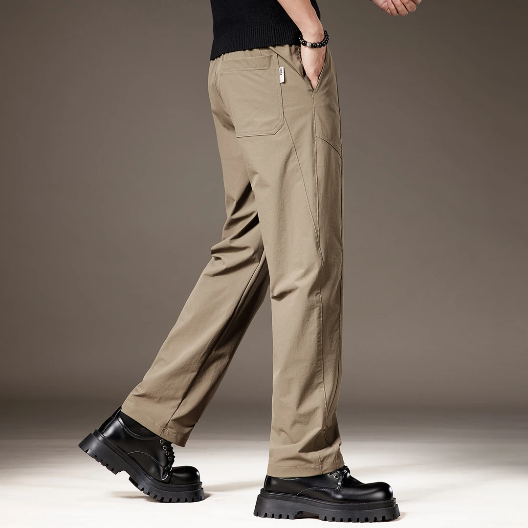 高端卡其色冰丝速干休闲裤男士夏季薄款宽松直筒垂感运动长裤子男