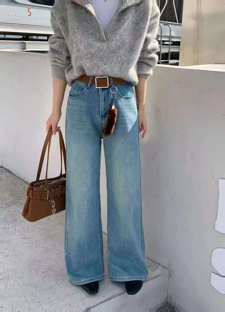 加绒冬季水洗牛仔裤复古直筒裤高腰韩版女直筒时尚25222