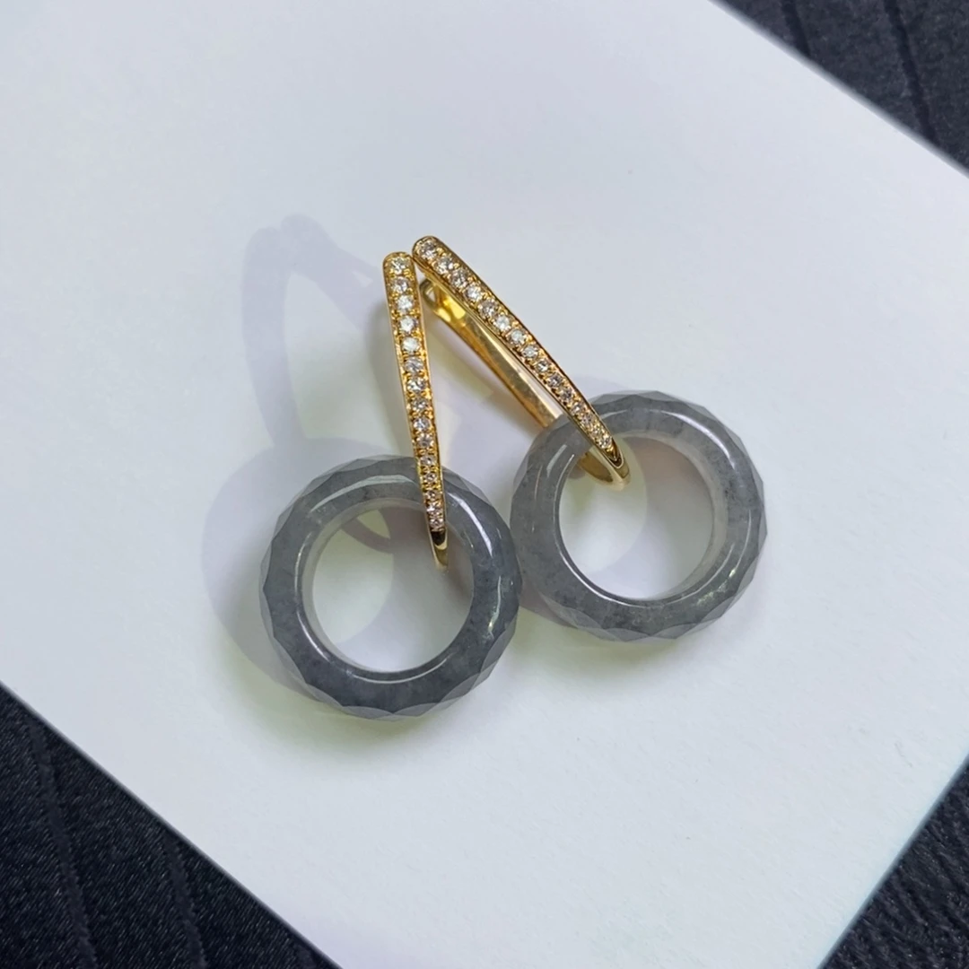 翡翠18K金镶嵌耳饰乌鸡甜甜圈➕经典款耳包