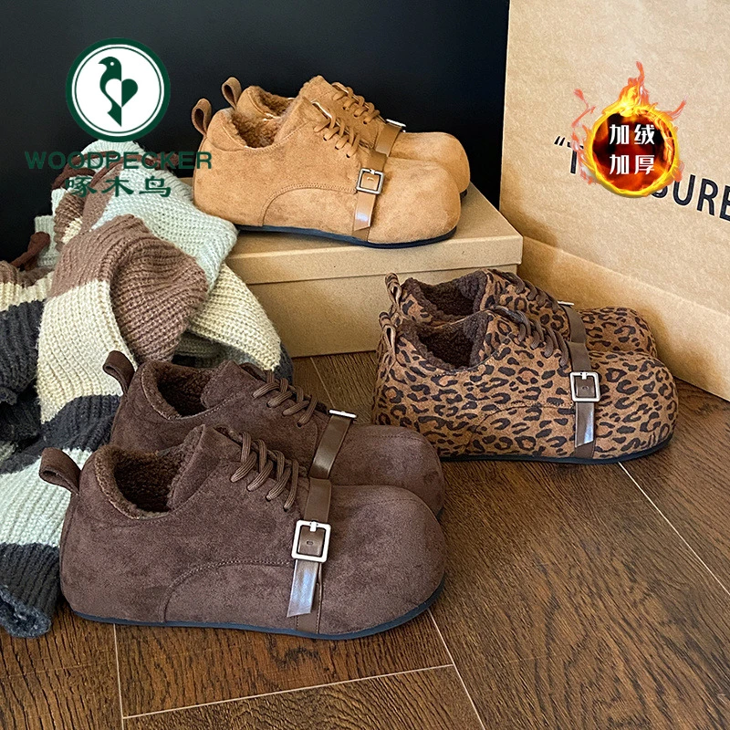 啄木鸟厚底内增高加绒大头勃肯鞋女2025新款秋冬显脚小休闲运动鞋