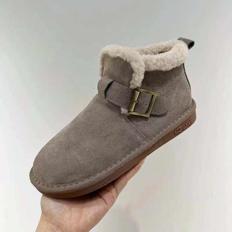 W2399-20小短暖炉复古真皮翻毛皮雪地靴女冬新款加厚防滑棉靴外穿