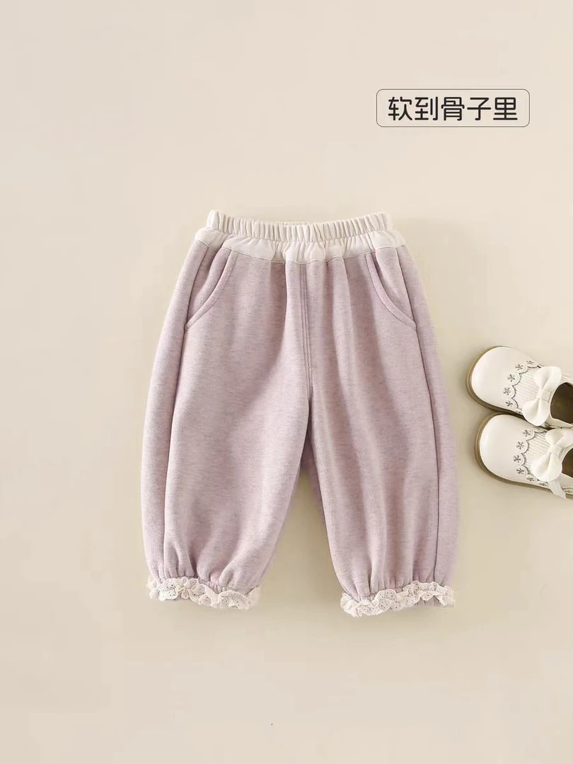 加绒女小童外穿秋冬加绒花边裤子一体绒卫裤百搭小女孩休闲长裤潮