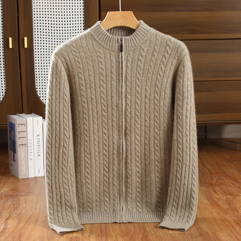 春秋双股加厚羊绒衫外套男款老钱风拉链开衫休息百搭针织衫上衣