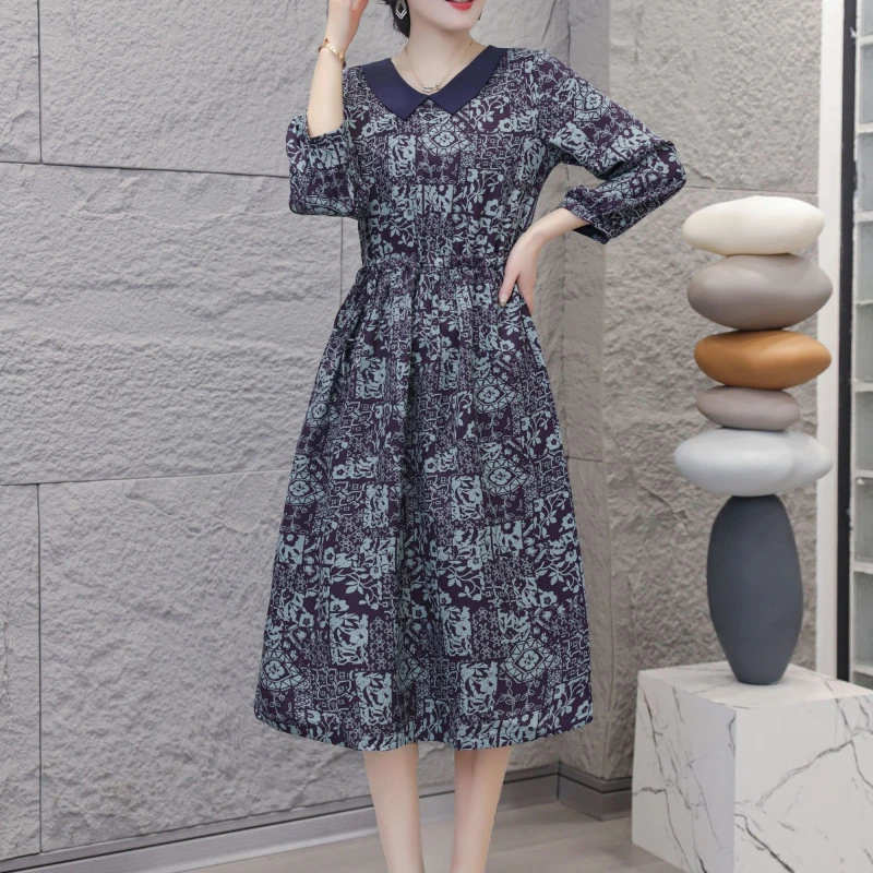 9651-夏季新款气质大码过膝收腰时尚翻领妈妈装连衣裙（F仓）