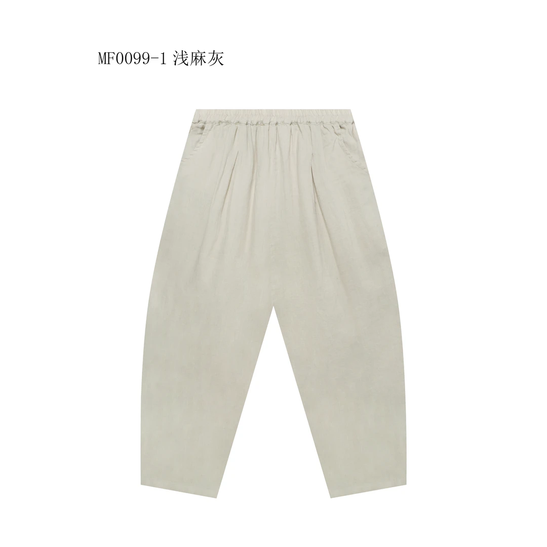 【麻訪家】MF0099-1浅麻灰文艺复古松紧腰百搭显瘦休闲哈伦裤
