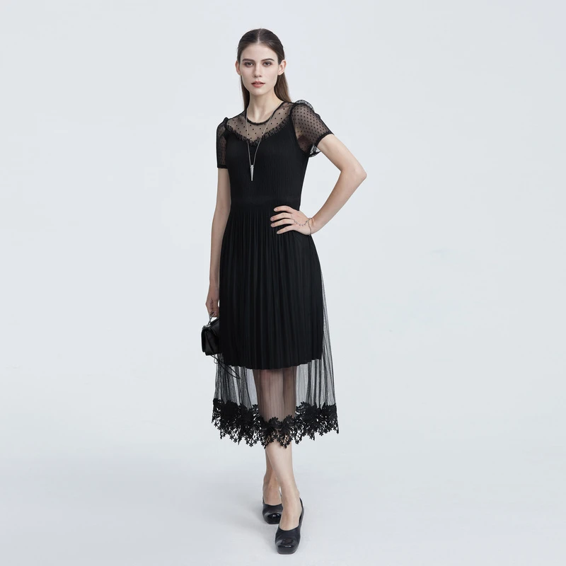 sdeer圣迪奥女装优雅圆领抽褶波点肌理网纱短袖连衣裙S21261216