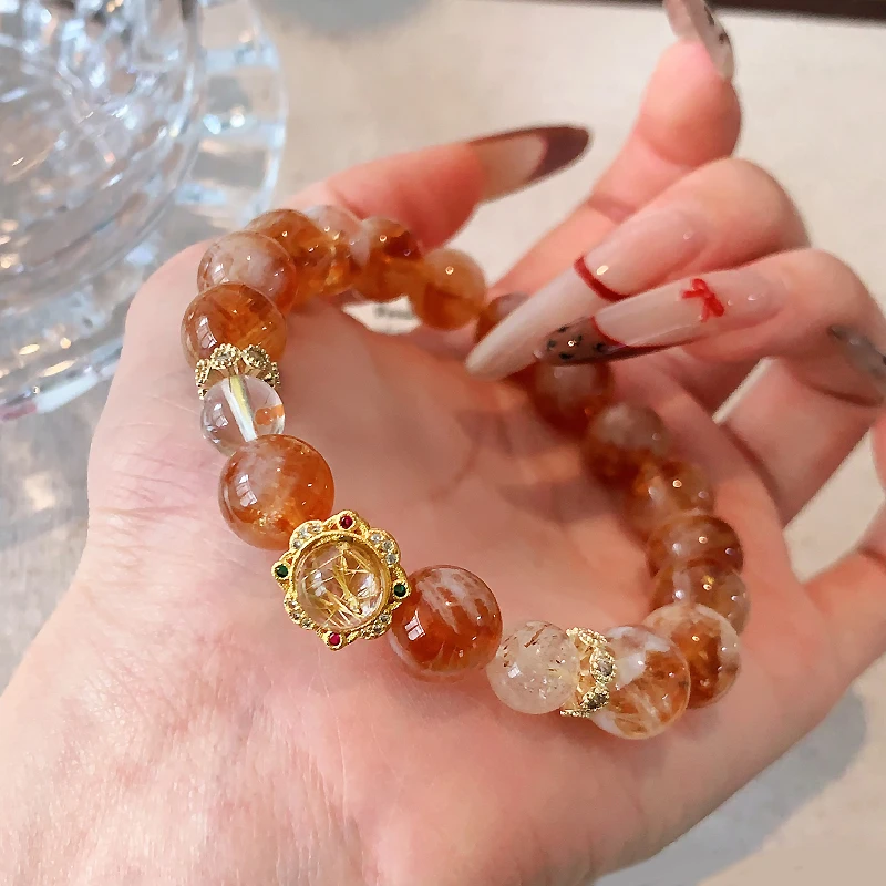 黄胶花水晶手串手链女款旺财转运天然黄塔晶手串闺蜜花朵手饰首饰