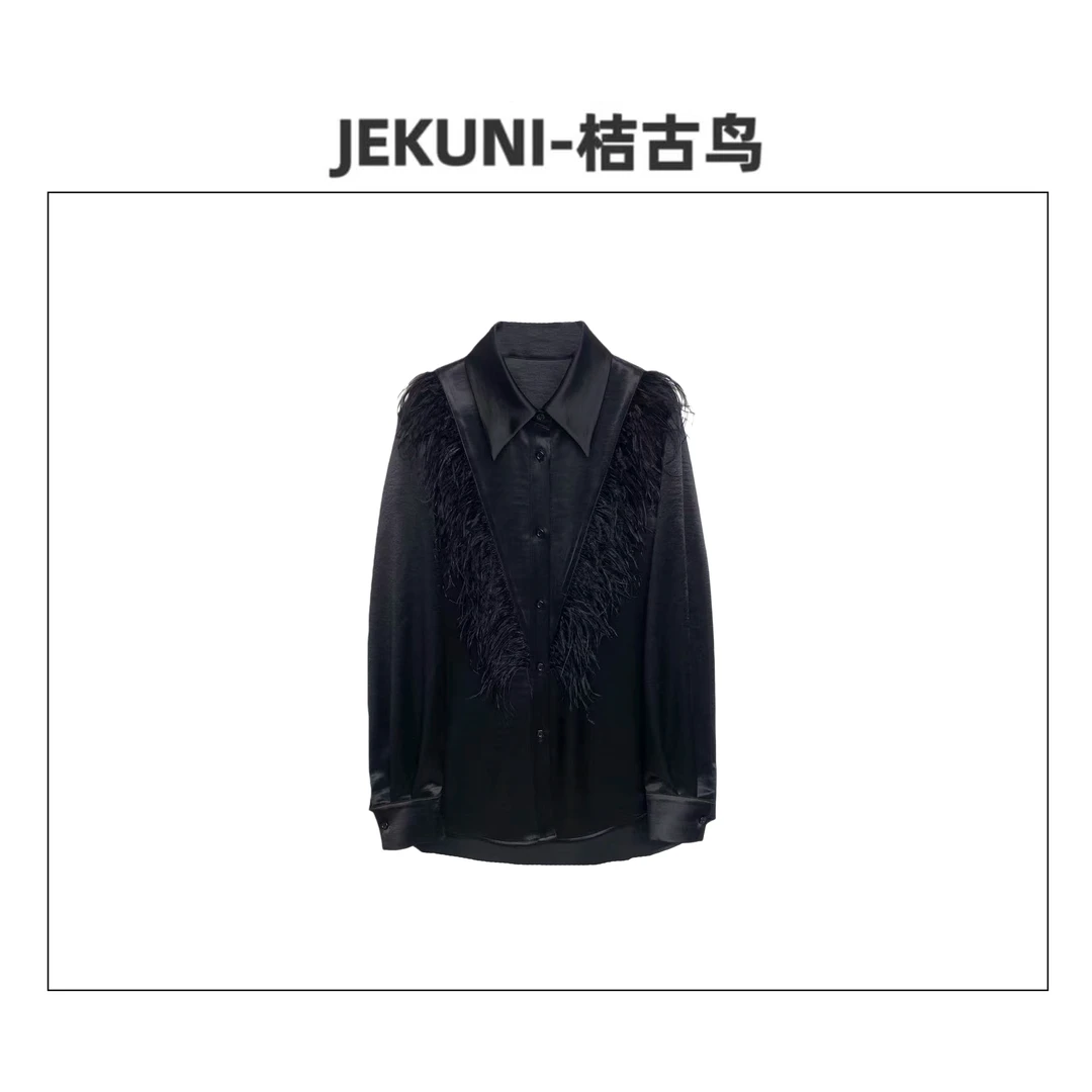 JEKUNI/桔古鸟【暗羽流光】黑色羽毛立领设计法式高级感长袖衬衫