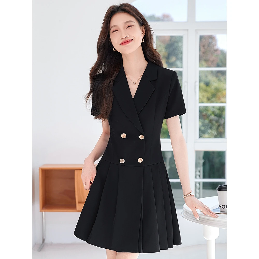 高级感黑色西装连衣裙女夏季2025新款设计感双排扣气质休闲百褶裙