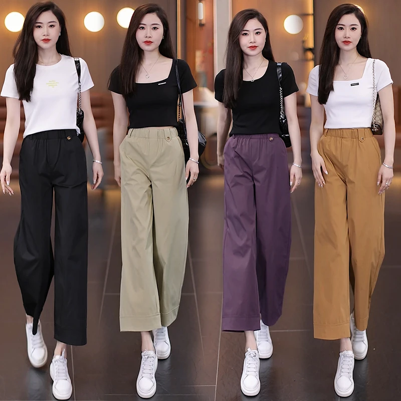 时尚花苞腰九分阔腿裤女薄款2025夏季新款高腰显瘦窄版直筒休闲裤