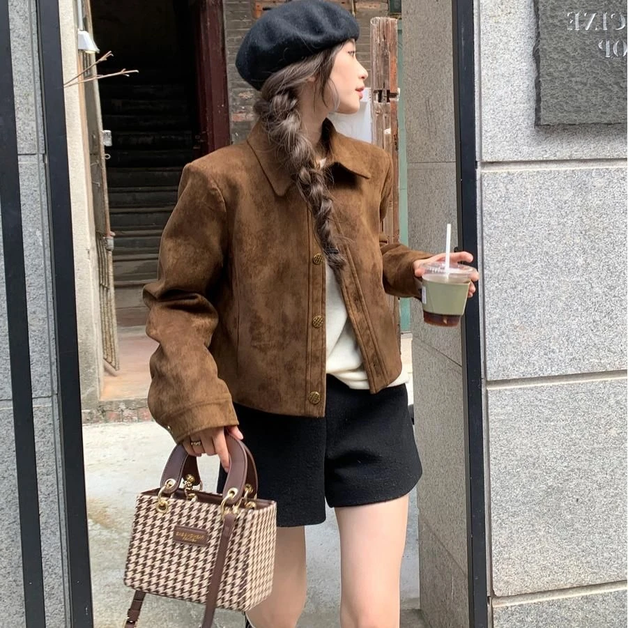 美拉德麂皮绒外套女短款2025春秋新款复古宽松小个子薄款夹克上衣