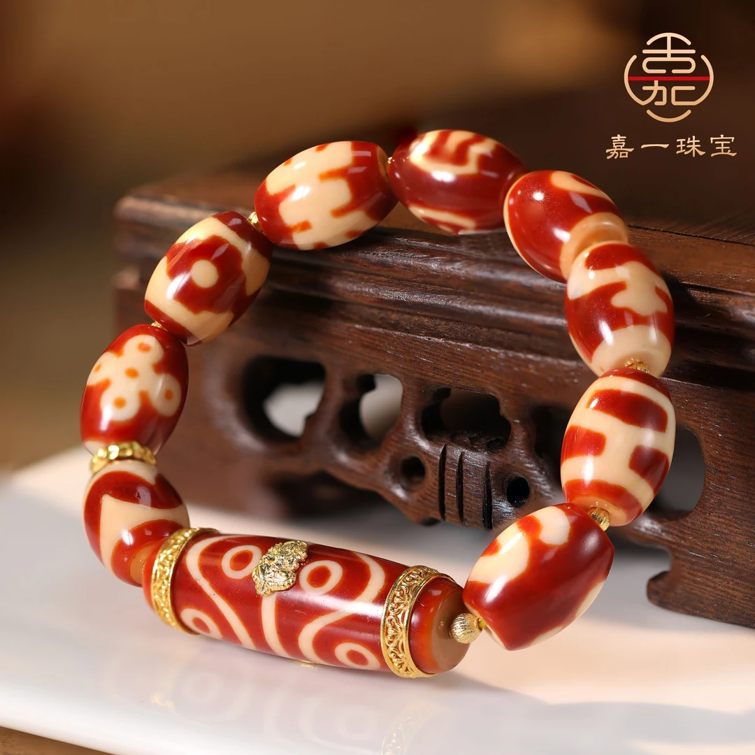 【嘉一珠宝】八部奔富吉祥天 行财  红肉天珠手串18k金（多样性发货）