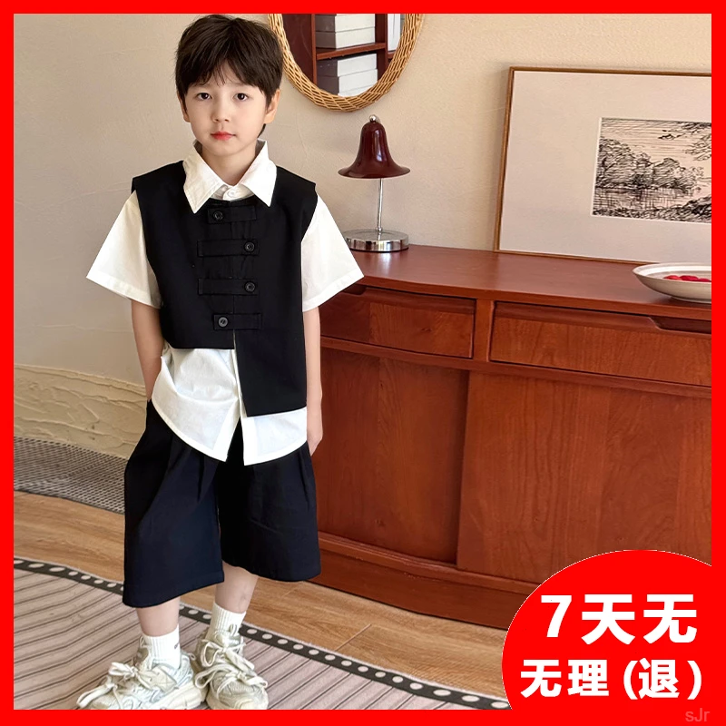 孩三件套演出礼服新款夏季男男童夏装套装西装马甲中大童儿童2025