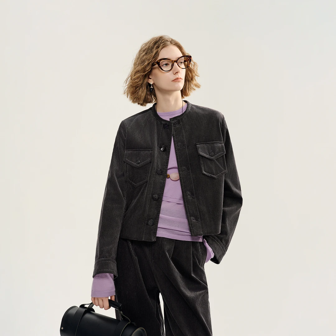 EIN言复古灯芯绒工装感无领文艺休闲纯棉箱型宽松短外套女早秋款