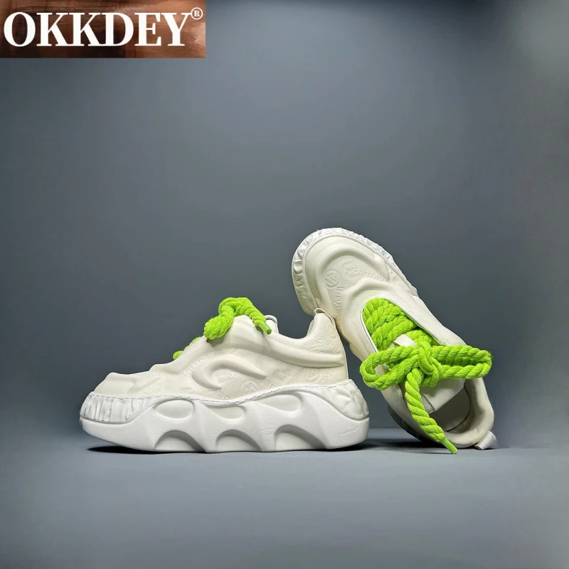 okkdey牛皮老爹鞋男款休闲真皮鞋松糕底设计感国潮增高时尚运动鞋