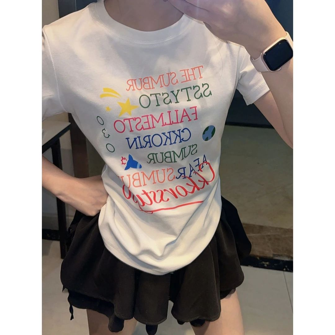 新款美式复古正肩修身显瘦女T恤短袖彩色字母印花夏季新款上衣女