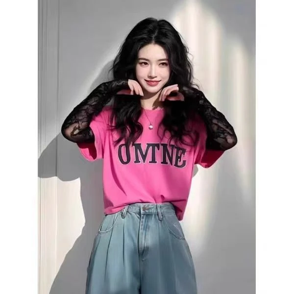 现货送运费险】设计感韩系假两件上衣玫红色蕾丝拼袖长袖t恤女春季