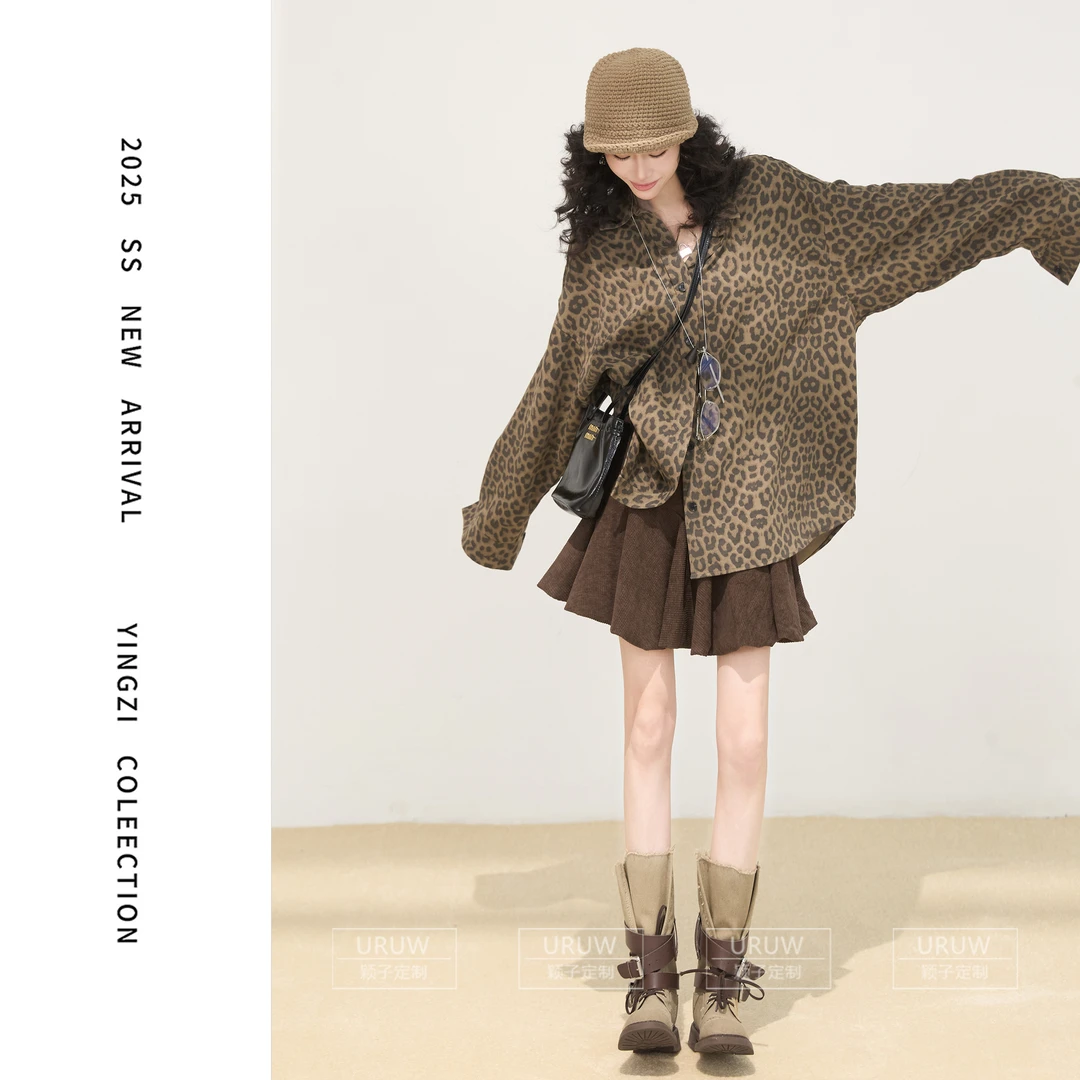 颖子定制【西城律动】复古宽松百搭豹纹衬衫港风慵懒风长袖衬衫9965