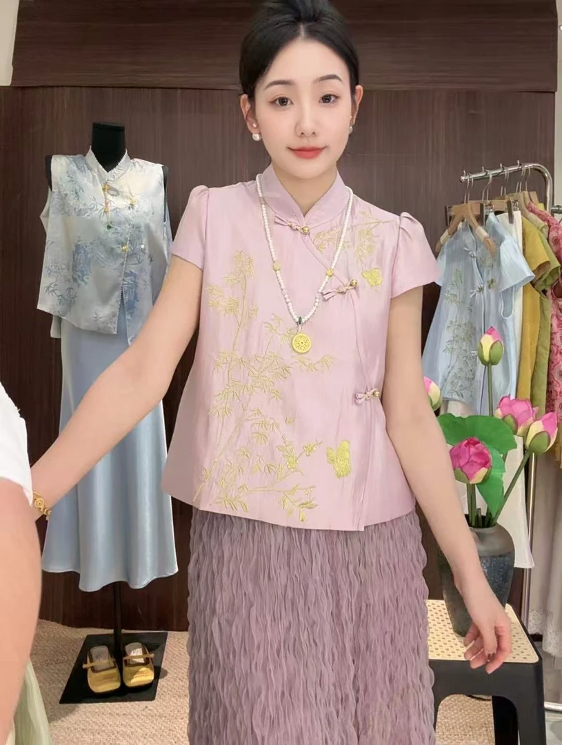 新中式气质国风刺绣短袖上衣女装2025宽松显瘦