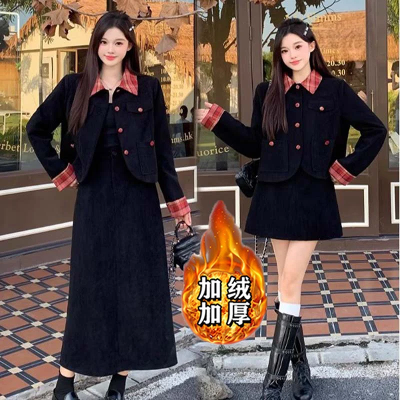 【筱安】【加绒加厚】【两件套】套装裙女秋冬遮肚显瘦半裙套装DM0235