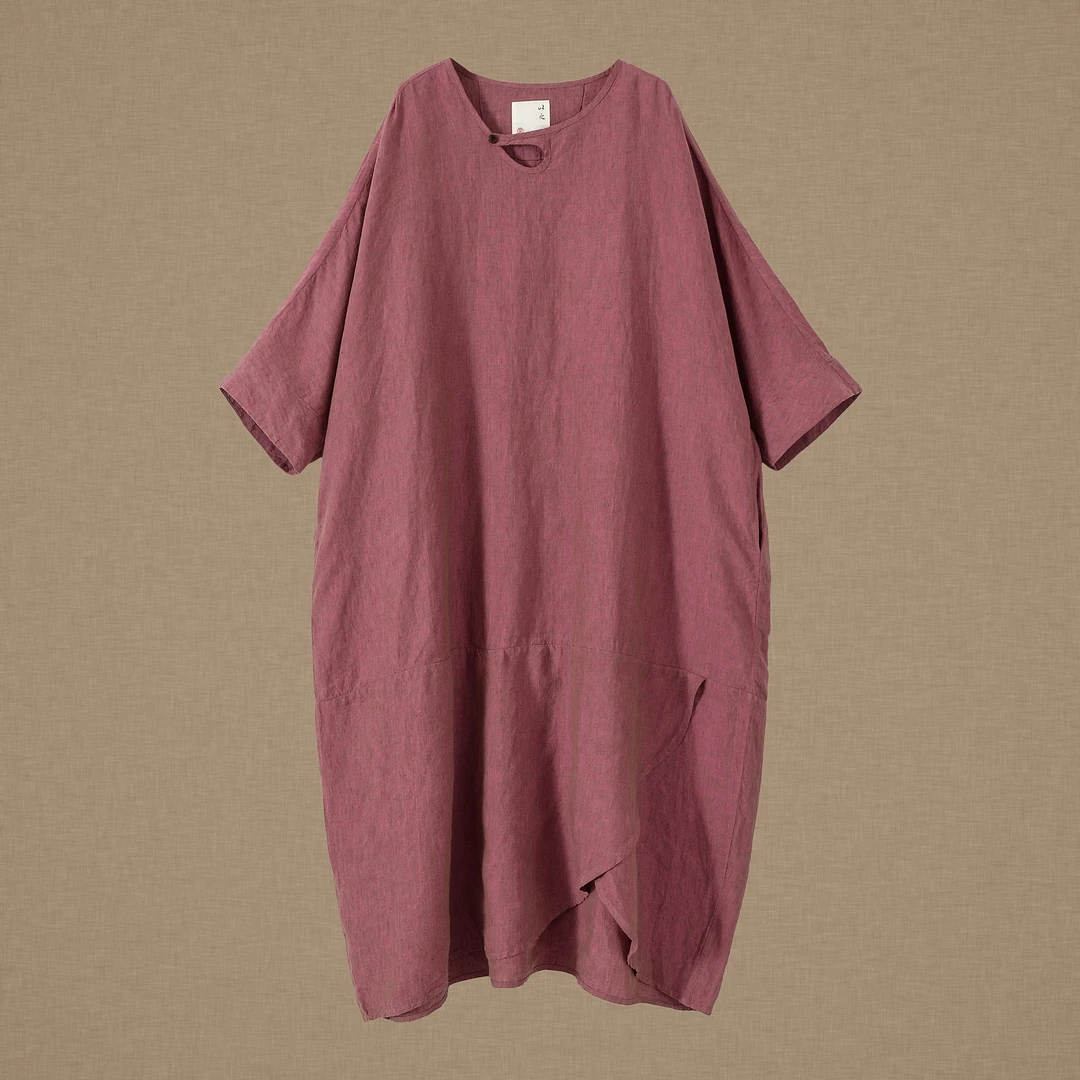 【以之】设计师品牌原创亚麻水滴领下摆不规则袍子复古大版袍子女
