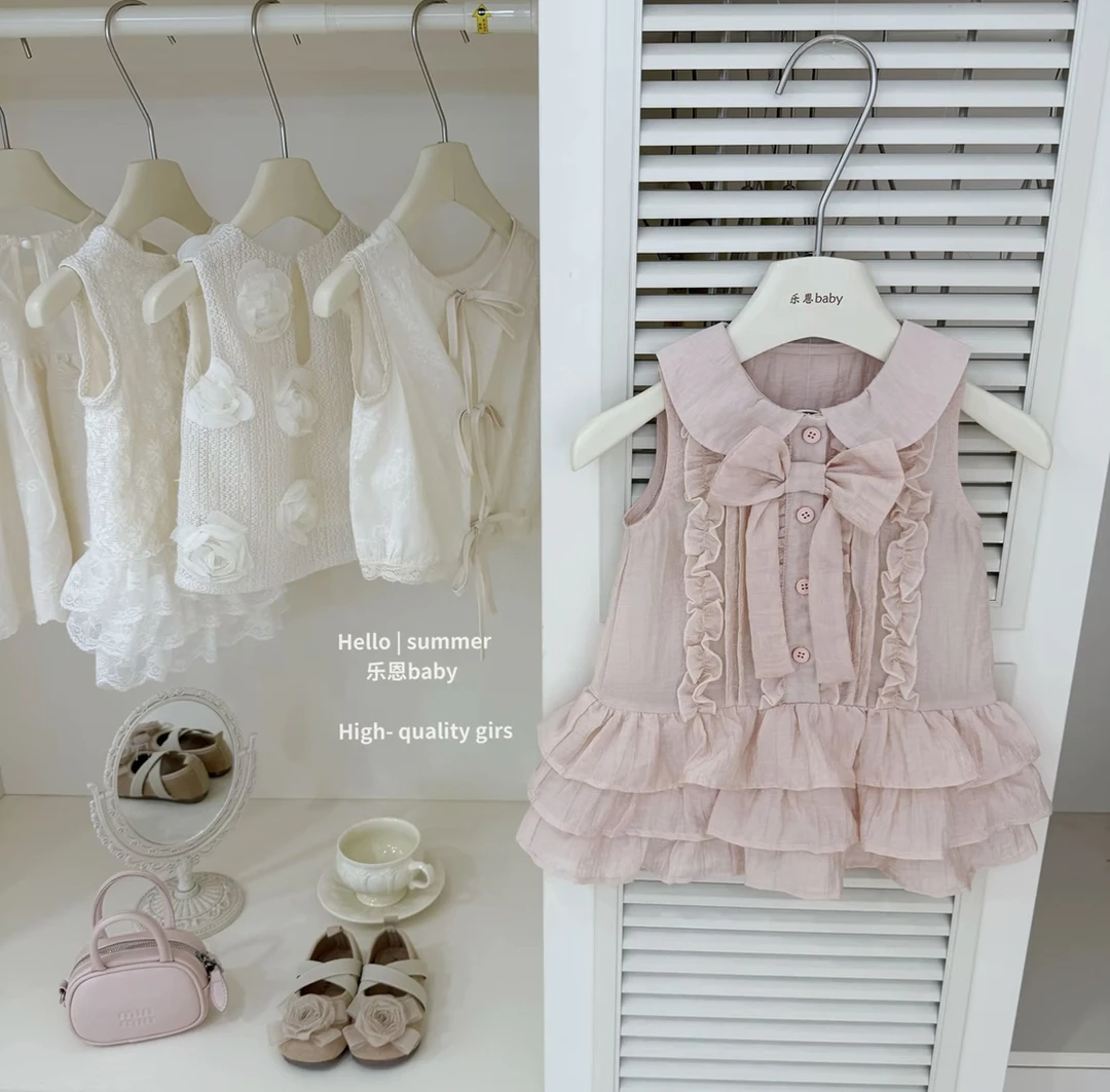 韩国童装~女童夏装洋气粉色连衣裙2025新款公主蝴蝶结花边背心裙