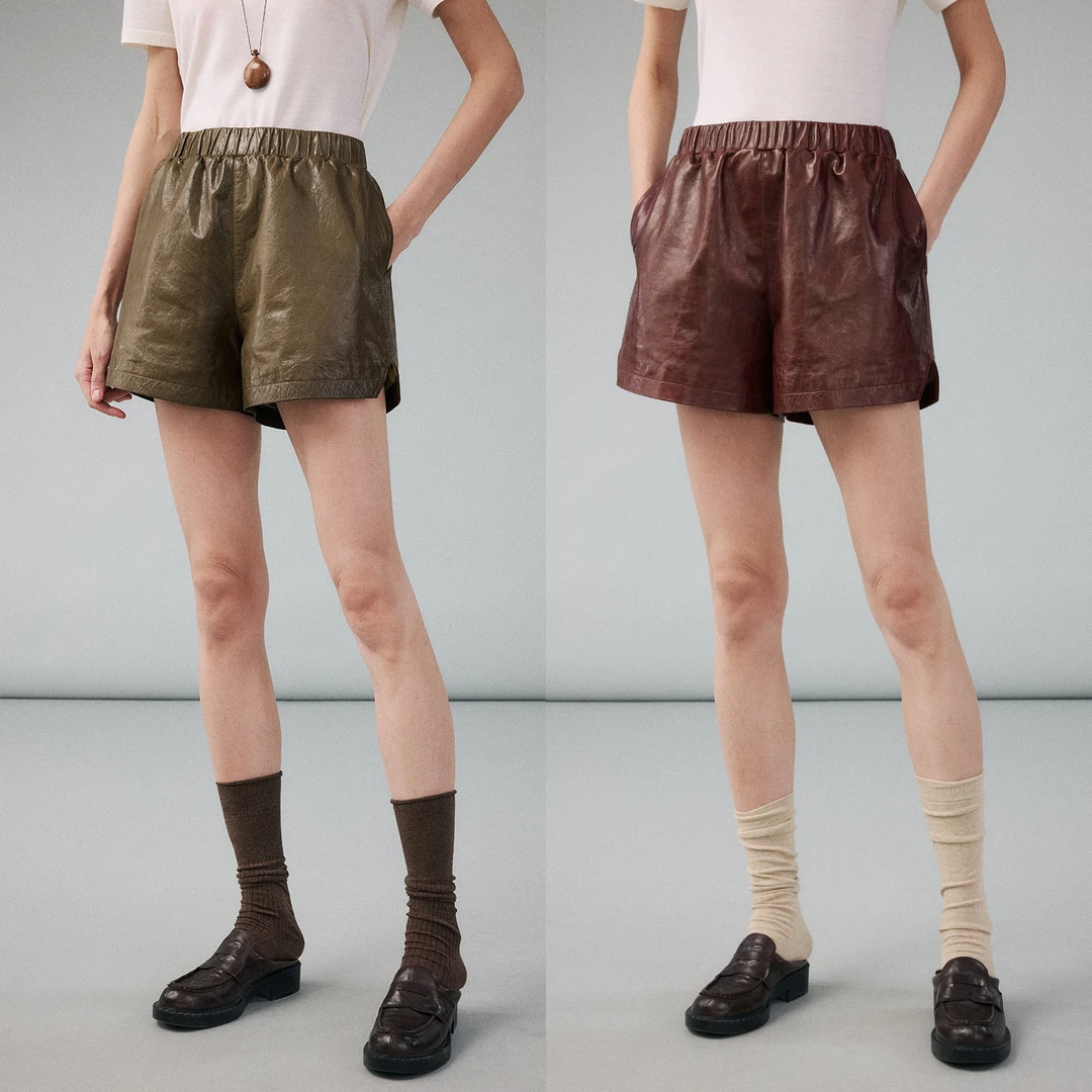 MARIUS“松紧短裤”四季通穿重磅定染轻柔简约开衩皮短裤