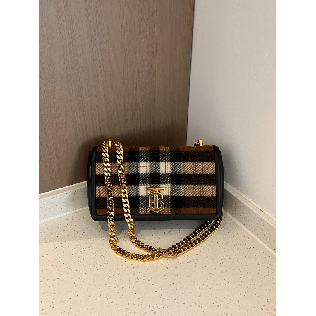 95新 BURBERRY/博柏利 拼色毛呢单肩斜挎链条包