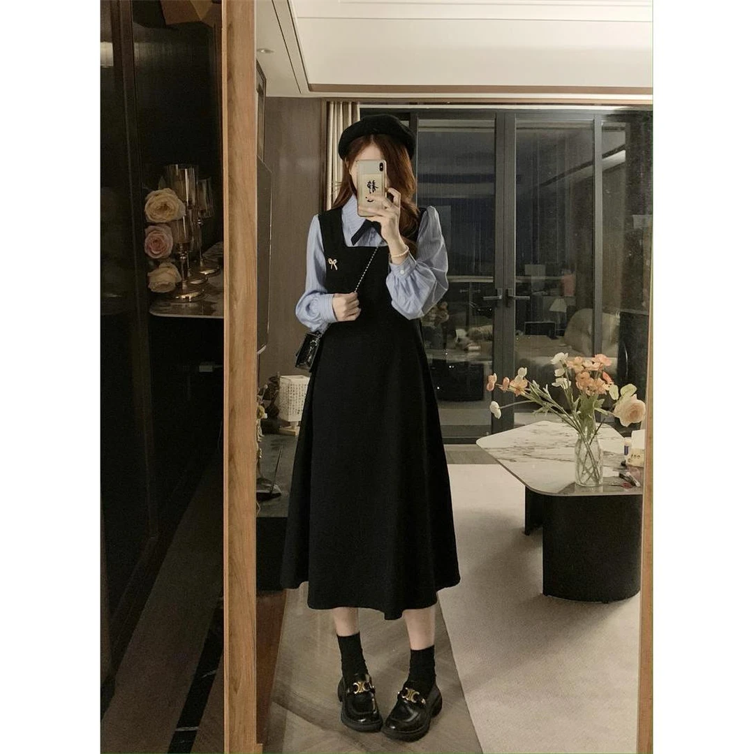 【小曹大码】新款秋冬学院风假两件条纹衬衫连衣裙-YXDN6679