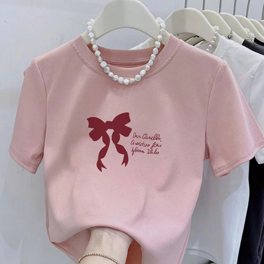 2025新款红色蝴蝶结英文印花圆领短袖t恤女修身显瘦小个子上衣
