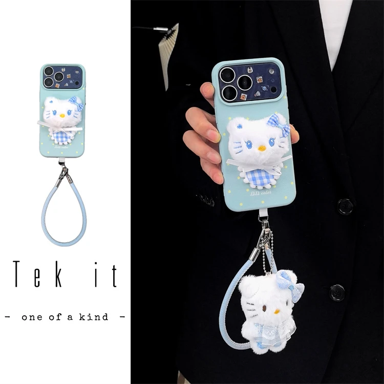 ins紫色皮纹波点毛绒Kitty适用iPhone17pro手机壳16promax手提15