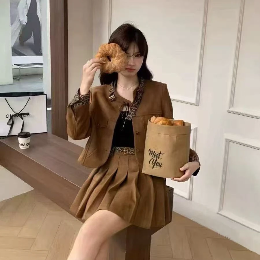 胖妹妹2026春季新款豹纹拼接美拉德风外套百褶半身裙套装显瘦韩系