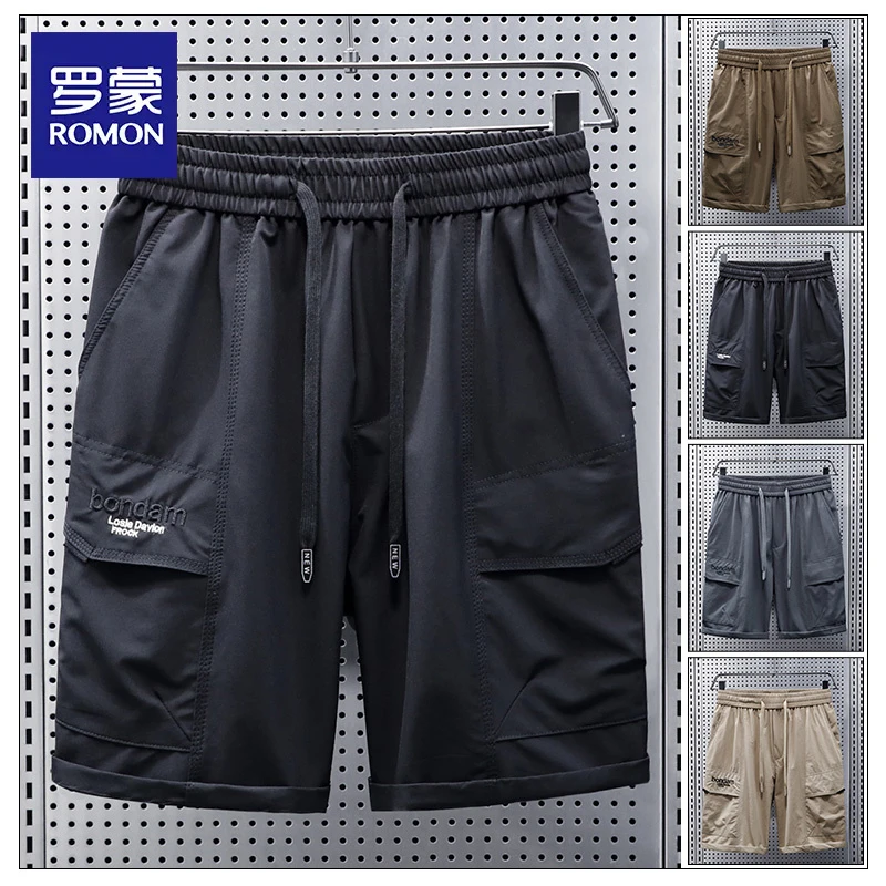 罗蒙夏季薄款工装中裤宽松百搭直筒运动五分裤子冰丝休闲短裤男士