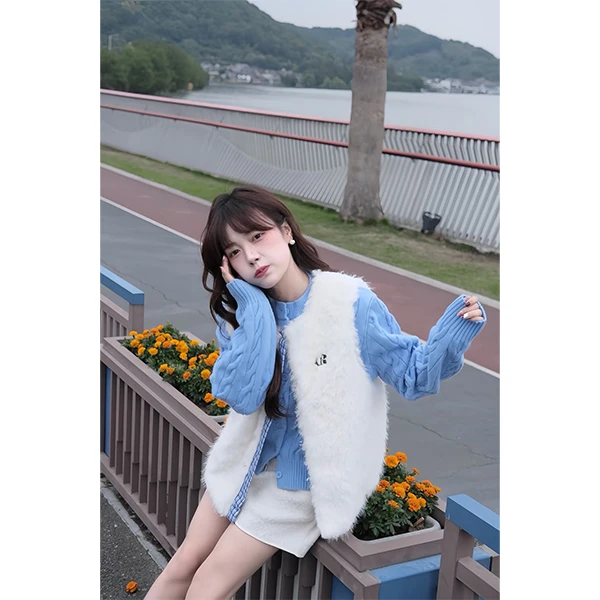 韩系慵懒风蓝色麻花毛衣针织开衫女秋冬季毛毛马甲套装2476-B