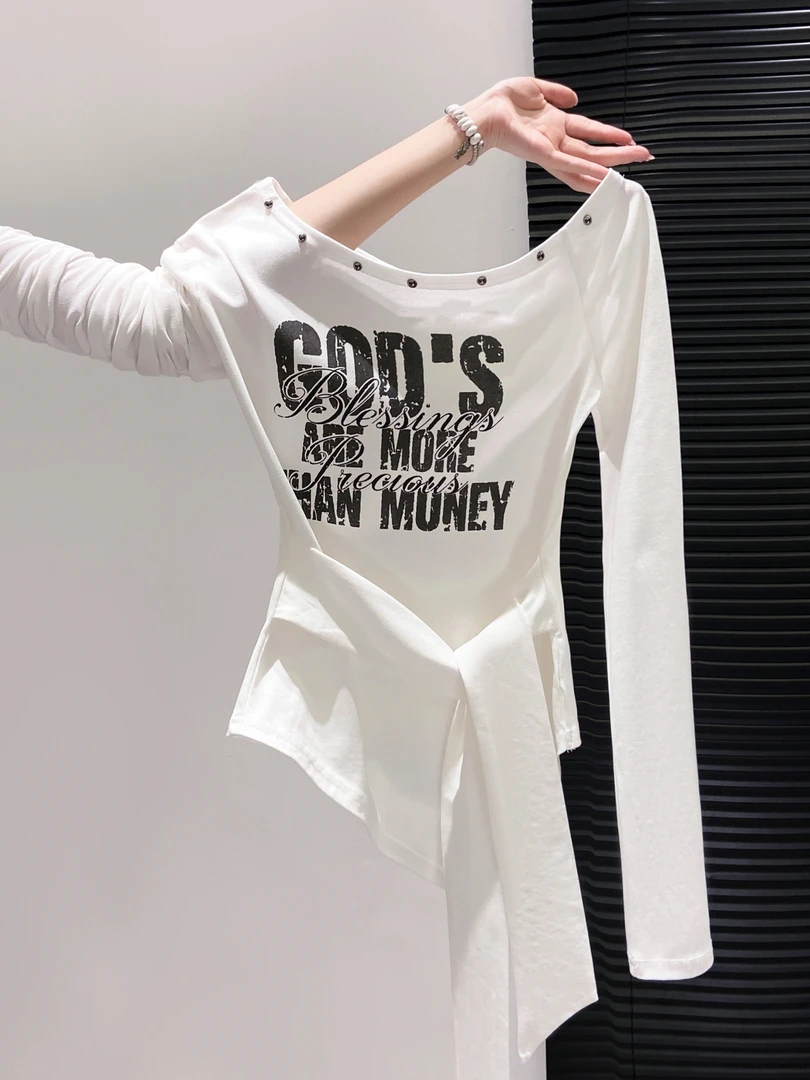 美式辣妹不规则绑带长袖t恤女早秋新款外穿收腰显瘦露肩上衣洋气